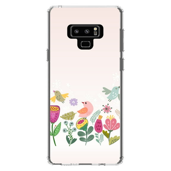 DistinctInk Clear Shockproof Hybrid Case for Samsung Galaxy Note 9 - TPU Bumper, Acrylic Back, Tempered Glass Screen Protector - Spring Collection - Flowers and Birds