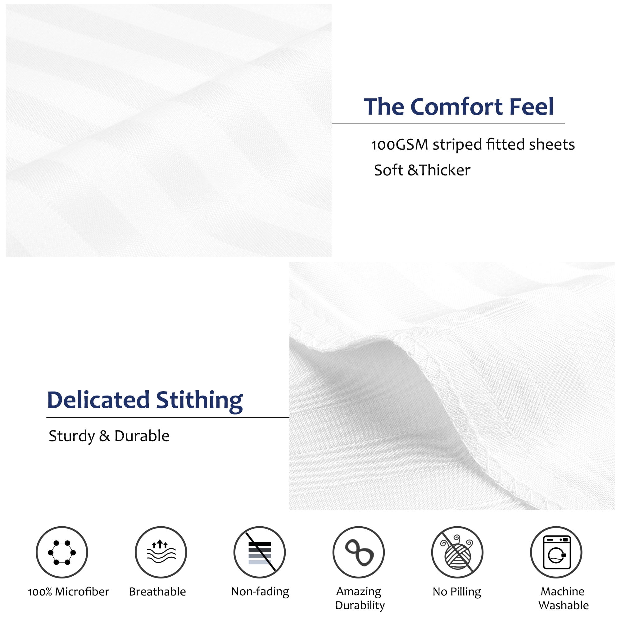 Unique Bargains Soft 100GSM Striped 16 Inch Deep Pocket Fitted Sheets Twin White