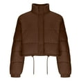 thumbnail image 4 of LEBONYARD Women's Trendy Zipper Stand Up Collar Hoodless Padded Short Outerwear Coat Casual Solid Color Bottom Drawstring Long Sleeve Puffer Coat, 4 of 5