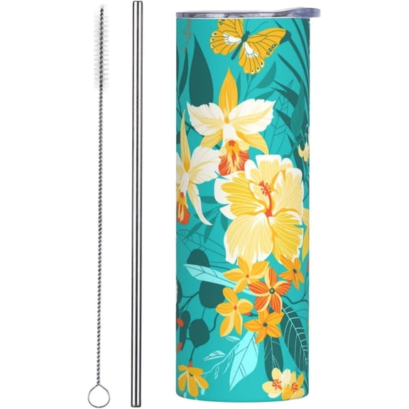 Blue Tropical Butterfly Flower Tumbler with Straw and Lid, 20 OZ Reusable Stainless Steel Vacuum Insulated Tumbler Water Cup for Coffee, Tea, Beverages, Travel Tumbler for Car
