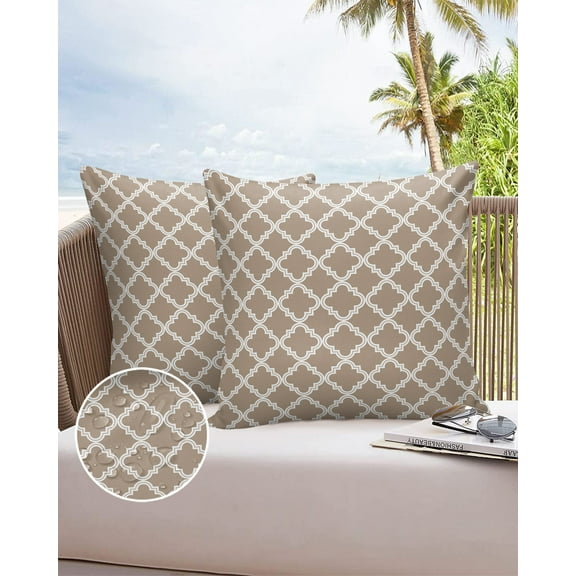 Outdoor Throw Pillow Cover Beige Morrocan Plaid Geometric Art Check Waterproof Cushion Covers 2 Pack Retro Lattice Pillow Cases Home Decoration for Patio Garden Couch Sofa