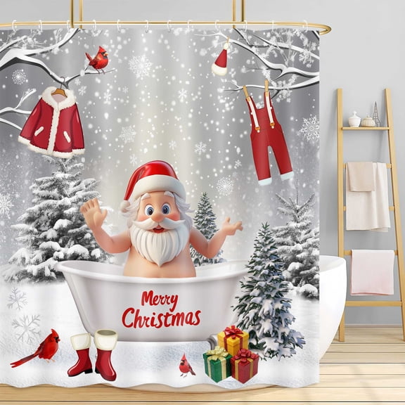 Merry Christmas Shower Curtain, Funny Santa Claus in The Bathtub Snowflake Red Birds Farmhouse Bathroom Set, Cute Xmas Snow Scene Decor Shower Curtains with Hooks, 72X72in