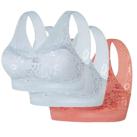 REORIAFEE Women Bras 3 Pack Gathered Together No Wire Bras Solid Brassiere Breathable Wide Strap Comfy Corset Underwear Classic Comfortable Support Lingerie Orange M