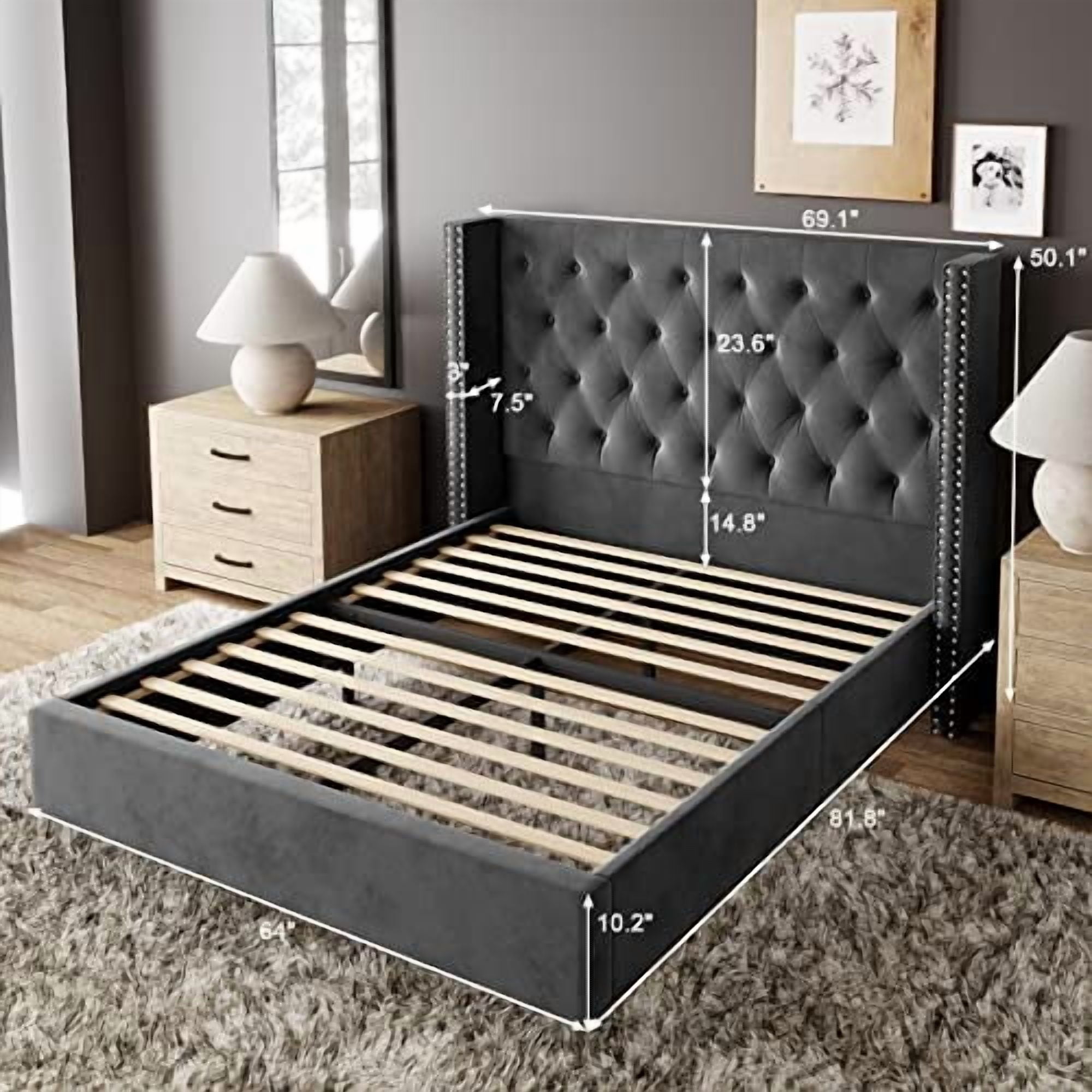 VanAcc Queen Upholstered Platform Bed Frame with Button Tufted Wingback Headboard, Velvet,Grey