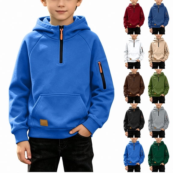 DJDLJWCJ Hoodies for Boys Half Zip Fleece Lined Hooded Sweatshirt Solid Color Thicken Warm Pullover Tops Blue Size 4T