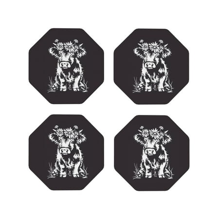 

Coasters Set of 4 - Floral Cow Silhouette Drink Coasters for Tabletop Protection Leather Coasters for Living Room Decor and Housewarming Gift Octagon