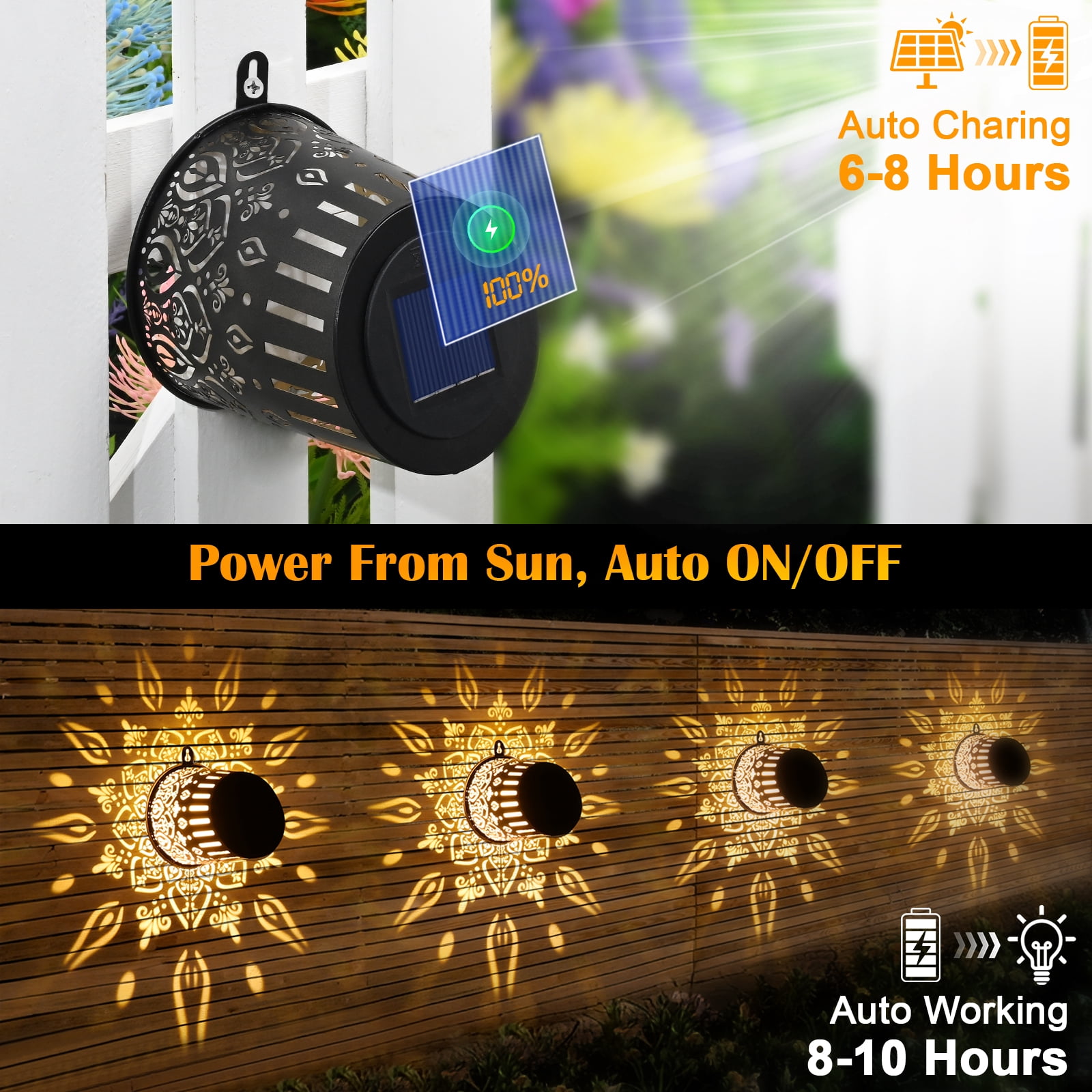 DAZLUTE Solar Fence Lights, Metal Outdoor Wall Light with IP65 Waterproof LED & Auto Sensor, Solar Powered Outsidelight Mandala Theme for Garden Backyard Patio Decor (2 Pack)