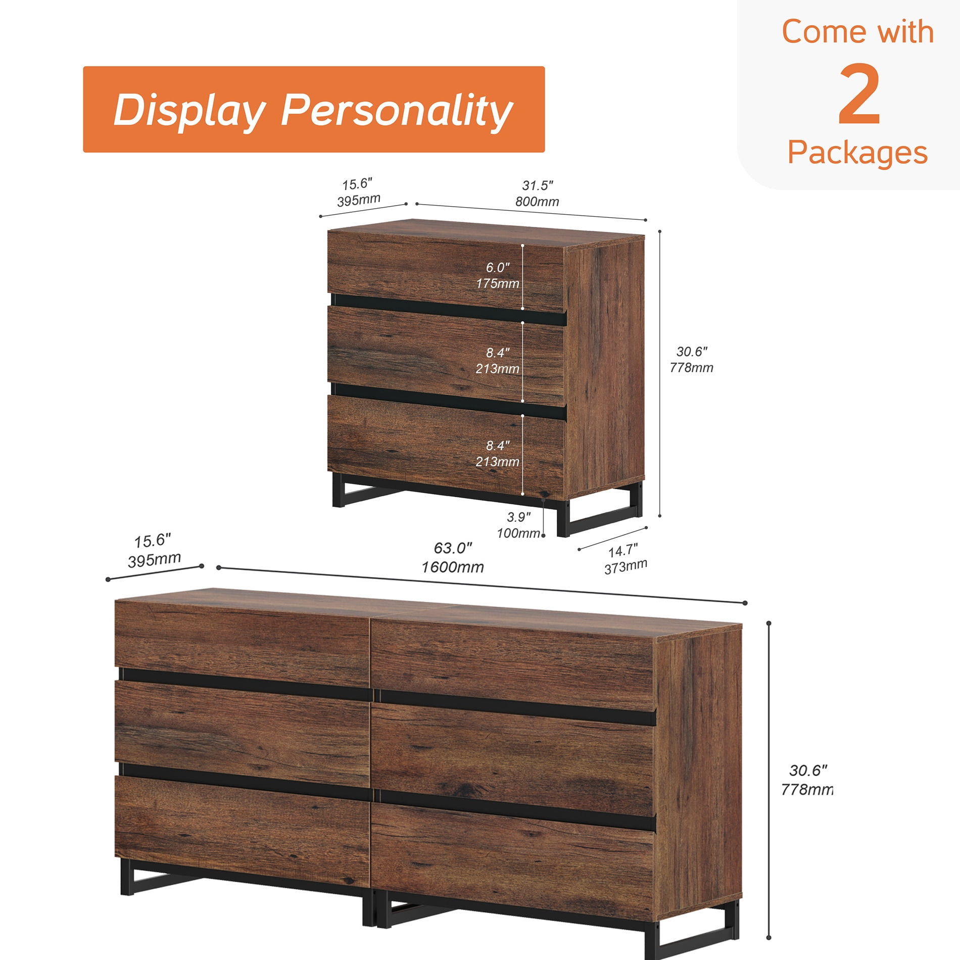 WAMPAT Modern TV Stand for TVs up to 70 inch, Entertainment Center TV Console Table with 6 Drawers and Metal Base, Media Console for Living Room, Bedroom,Brown