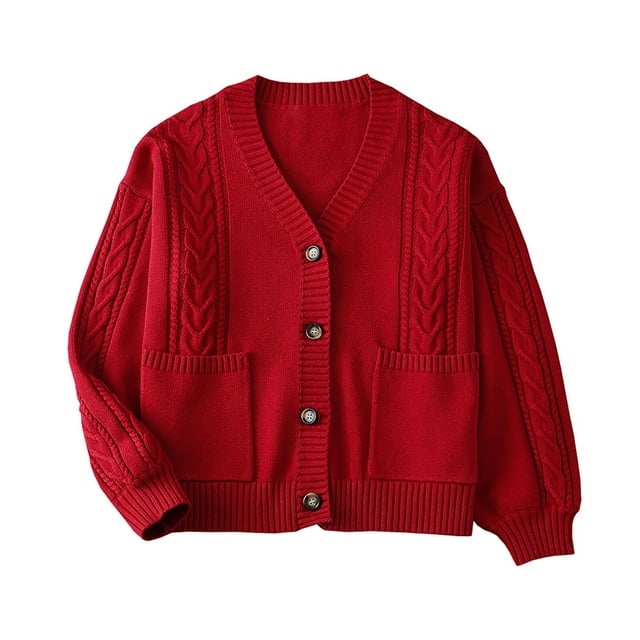 Soki Cardigan Court à Manches Longues Ouvert en Tricot Torsadé Col en V avec Boutons