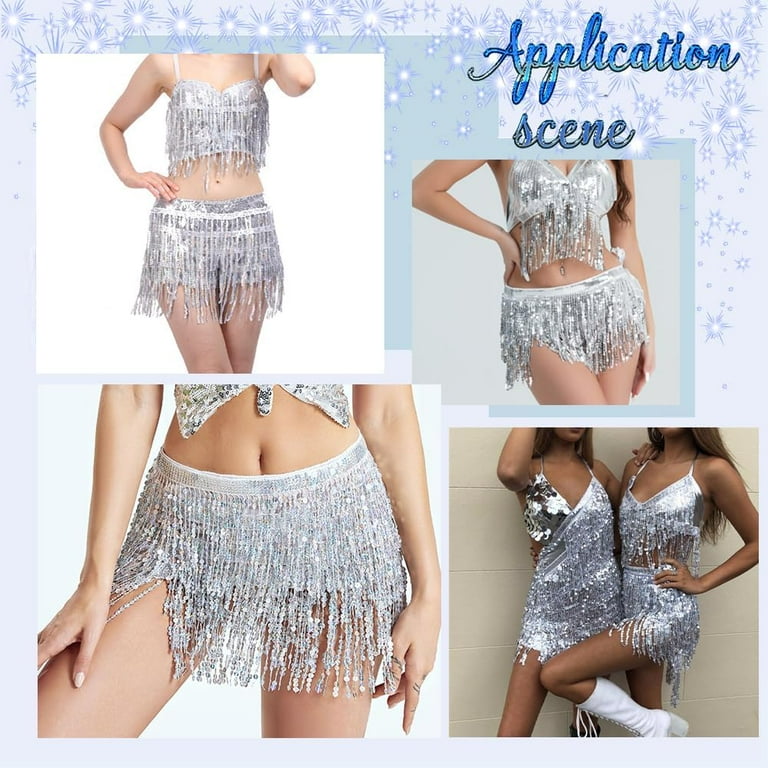 Women Belly Dance Skirt Silver Sequin Fringe Hip Wrap Skirts  display picture 2