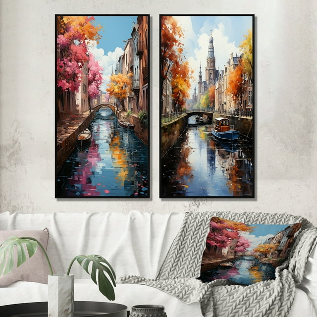 Designart "Vibrant Waterways Beige Canal Spectrum II" Canals Framed Wall Art Set Of 2 - Beige Architecture Framed Canvas Set For Living Room Decor