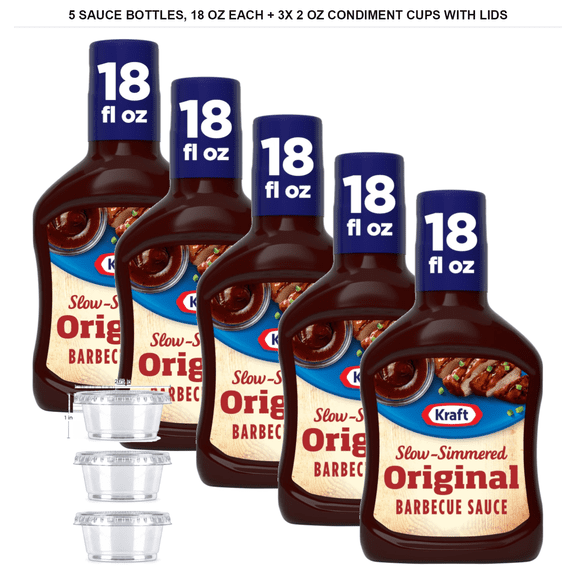 Kraft Original Slow-Simmered BBQ Sauce, Pack of 5, 18 oz Each with 3x 2 oz Condiment Cups with Lids