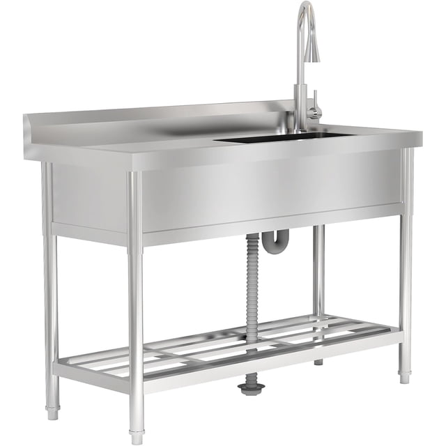 Fregadero de Utilidad de Acero Inoxidable, Lavabo Independiente con Toma de Agua Fría y Caliente y Grifo, Lavadero para Cocina, Lavandería, Restaurante, Garaje