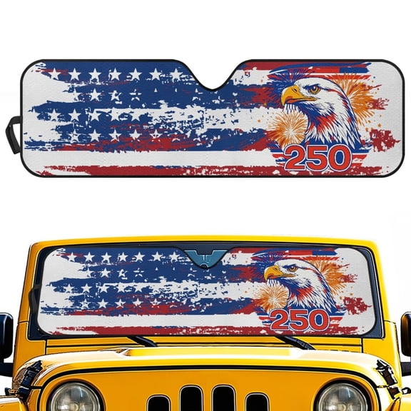 HUIACONG 250th Eagle Flag Windshield Sun Shade for 2018-2025 Jeep Wrangler JL JLU & 2020-2025 Jeep Gladiator 310T Polyester Covered Foldable Front Sunshade, Blocks UV Rays and Heat