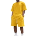 thumbnail image 2 of Domuza Mens Summer 2 Piece Tracksuit Crew Neck Tee Tops and Plain Shorts Vacation Workout Shirts Sets Yellow XL, 2 of 4