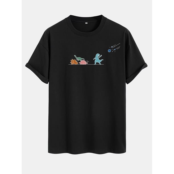 Camiseta holgada 100 % algodón con estampado de dinosaurio para hombre, manga corta y cuello redondo, ropa de verano para exteriores.