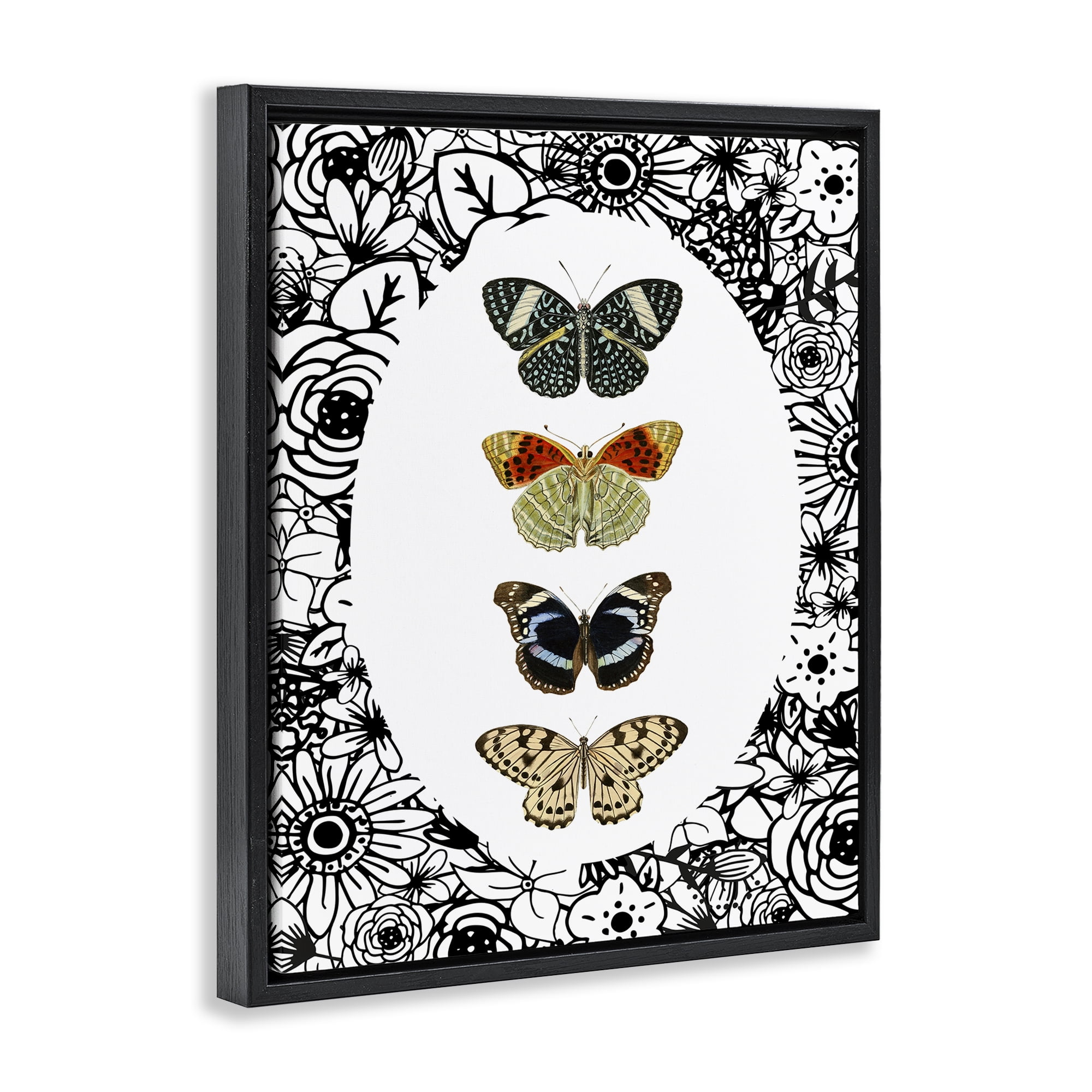 Stupell Industries Floral Butterfly Lineup Black Framed Floater Canvas Wall Art, design by Dan Meneely