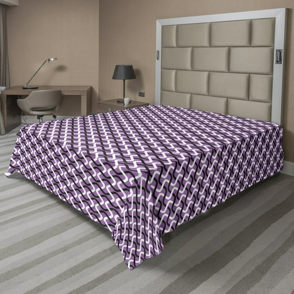 Ambesonne Abstract Flat Sheet, Interlocking Waves, King Size, Violet Black White