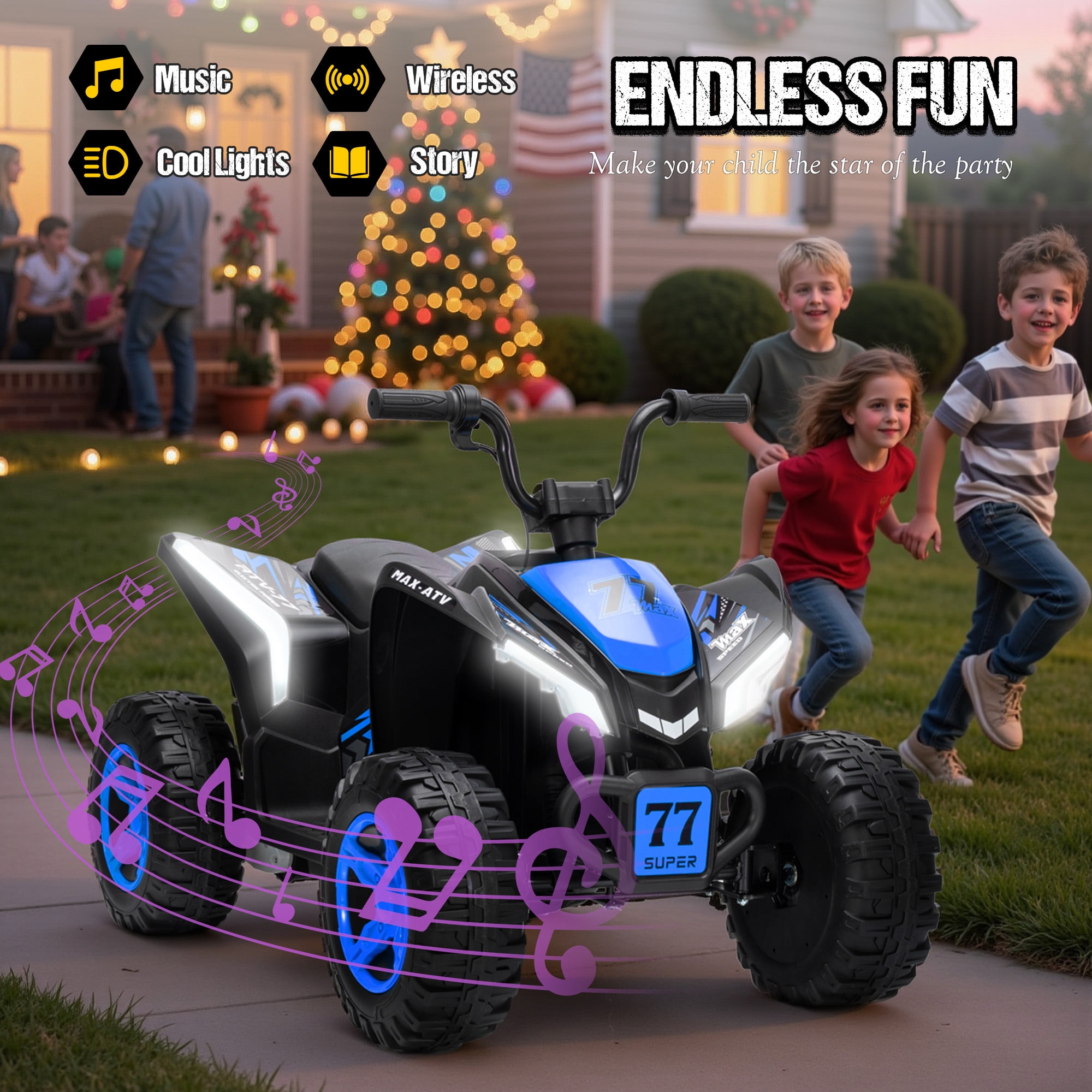 Kids ATV 4 Wheeler, Two Seater 24V Ride On Toy for Big Kid w/Unique LED Light, Music, Wireless, Story, 24 Volt Ride on Car Electric Quad for Boys Girls, Blue