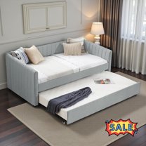 Tcbosik Upholstered Linen Fabric Daybed with Trundle, Twin Size Sofa Bed for Small Space, Easy Assembly, Grey