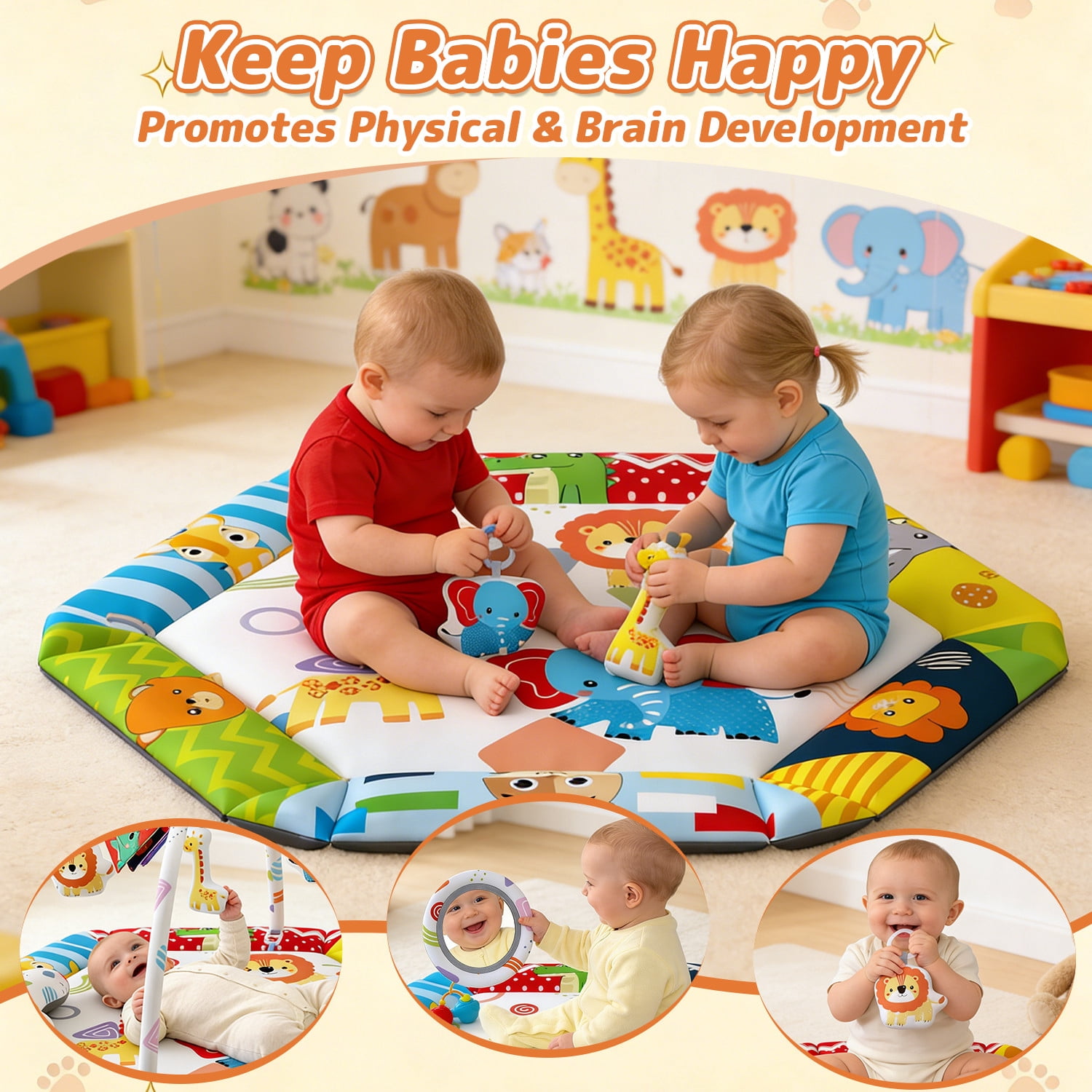 JoyStone Baby Gym Play Mat, 8-in-1 Tummy Time Mat, Infant Play Gym with 6 Detachable Toys, Washable Activity Mat & Ball Pit, Baby Toys Gift for Ages 0-18M