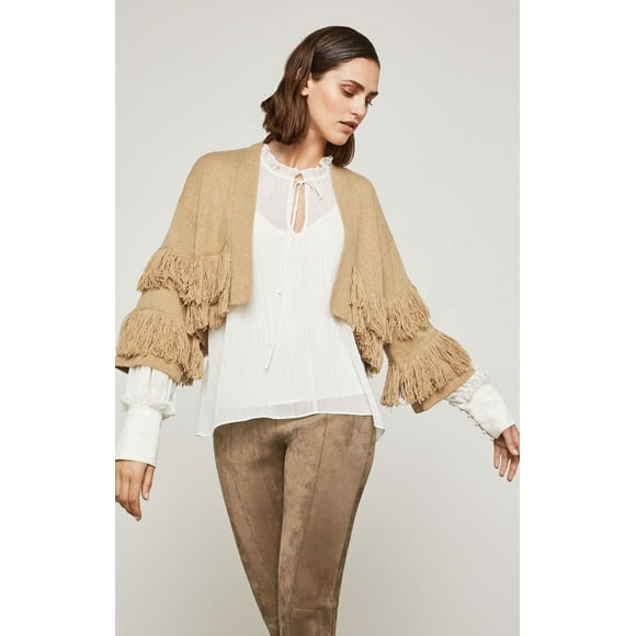 BCBGMAXAZRIA Women's Fringe Trimmed Cropped Cardigan In Camel Brown Size M $260
