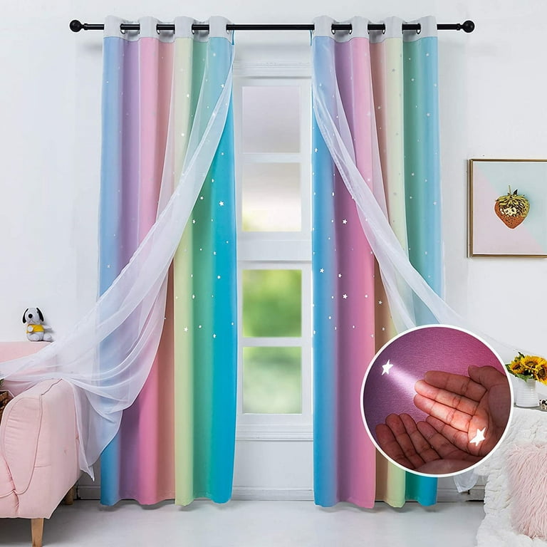 Anjee Blackout Curtains Set Of 2 For Bedroom 84 Inches Long Double Layer Rainbow Grommets Top Star Cutout Ombre Window Ds With Sheer Girls Com