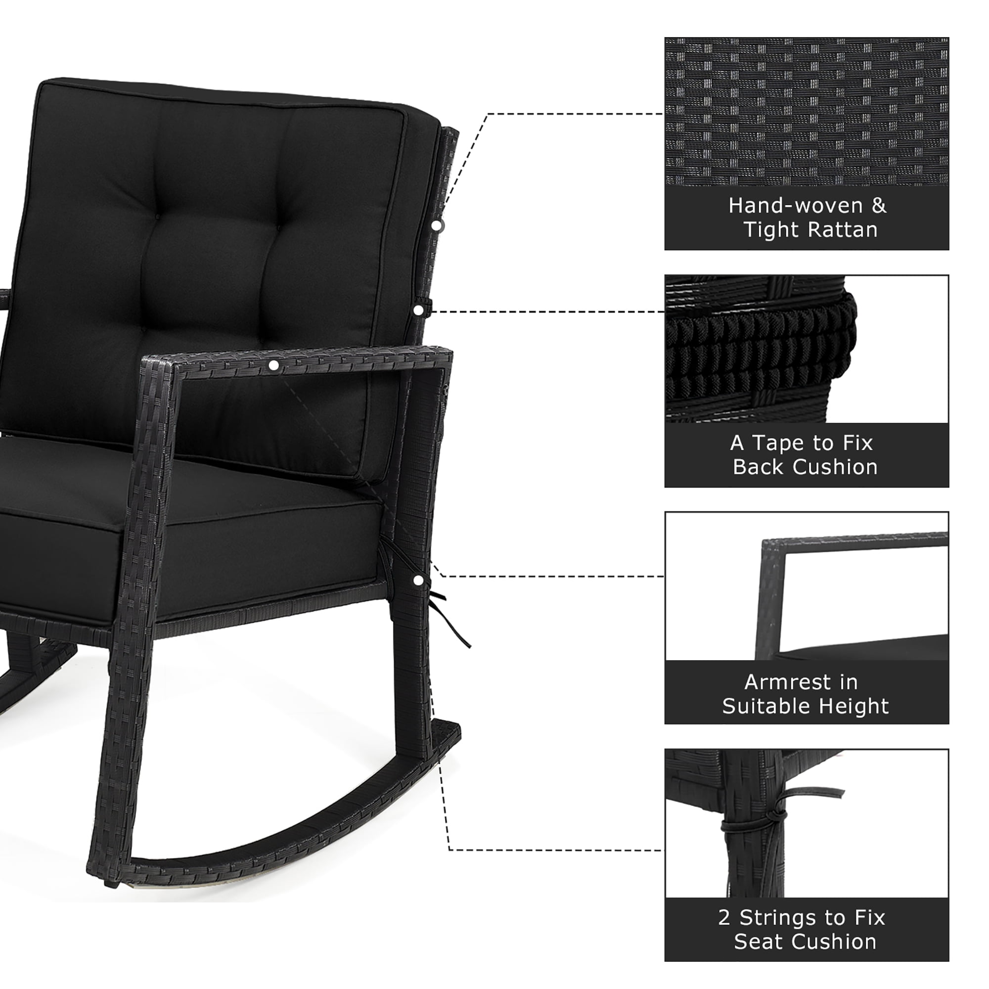 Costway 2 PCS Patio Rattan Rocker Chair Outdoor Glider Rocking Chair Cushion Lawn Black