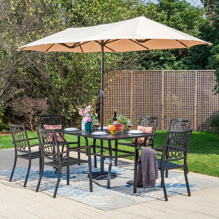 8 pcs patio garden sets tables chairs umbrella Outsunny Pieces Outdoor Dining Set with Umbrella, 6 Sling and Table, Cream White and gatherings Outsunny 8 Pieces Patio Furniture