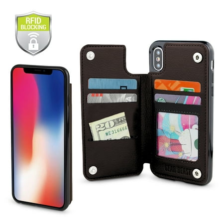 Gear Beast Genuine Leather iPhone X Wallet Case, Top View Flip Folio Case For iPhone X Slim Leather Cover With 4 Slot Card Holder Including ID Holder With RFID Protection For Men and (Best Iphone 4 Wallet)