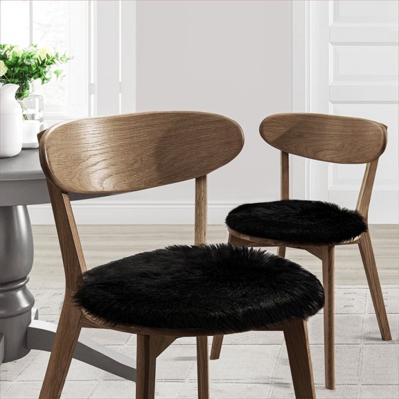 Faux Fur 16" Round Suede Backed Chair Pad Black 2 Pack