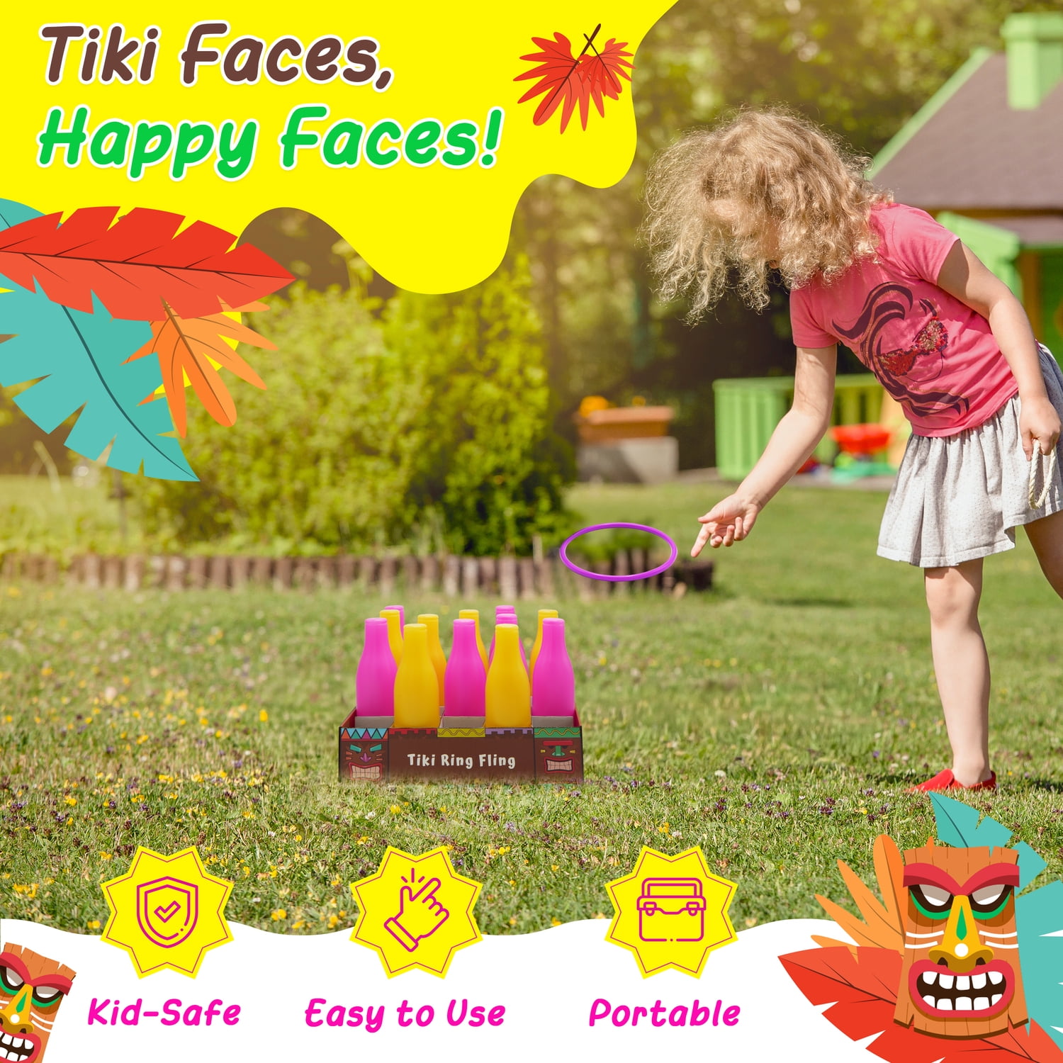 4E's Novelty Tiki Bottle Ring Toss Game Set, 12 Colorful Bottles, Luau Party Games