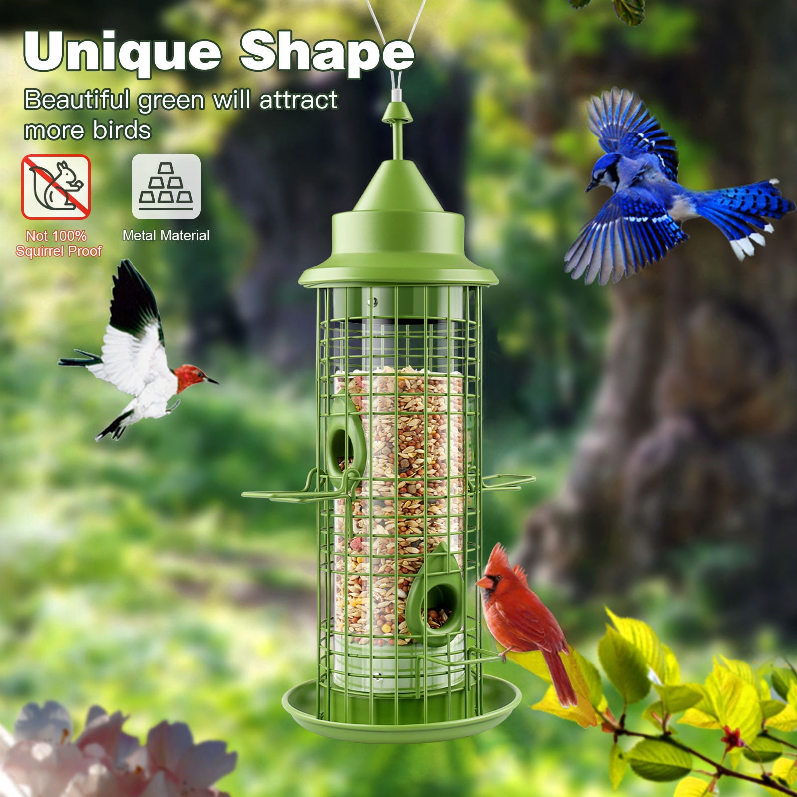 UPSKY Durable 4-Perch Multi-Bird Tube Feeder with Roof 2.2 lb Capacity, Green