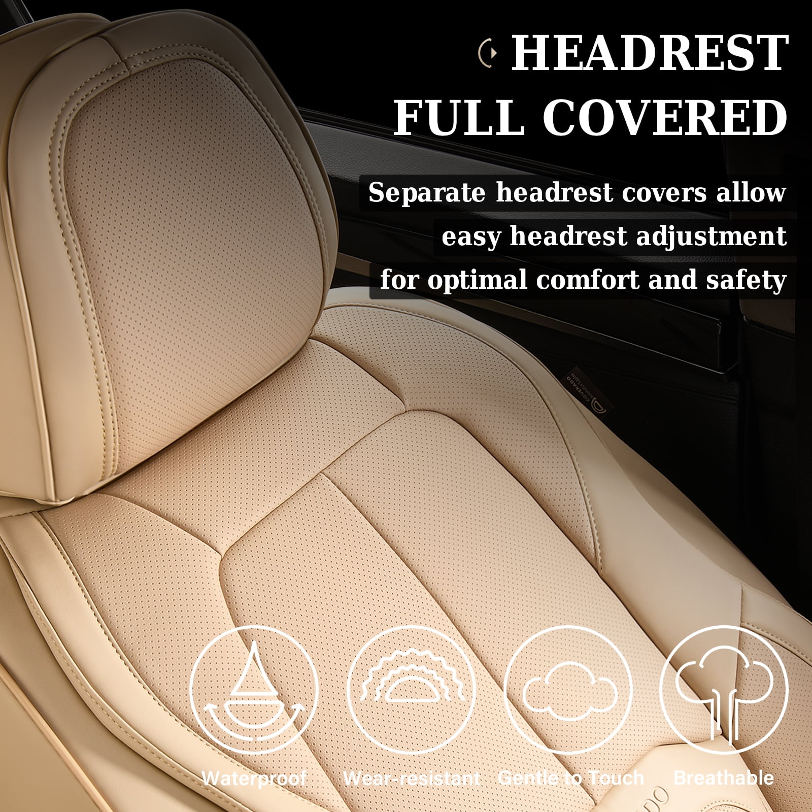 Coverado Front Seat Covers for Car, Premium Leather Seat Protectors with Lumbar Support, Waterproof Auto Cushions Universal Fit for Most Cars, Beige