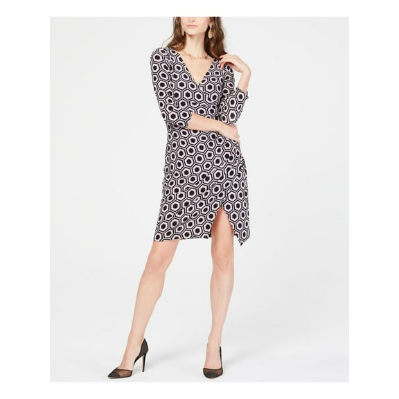 INC Womens Black Printed Long Sleeve V Neck Above The Knee Tulip Dress Size: L