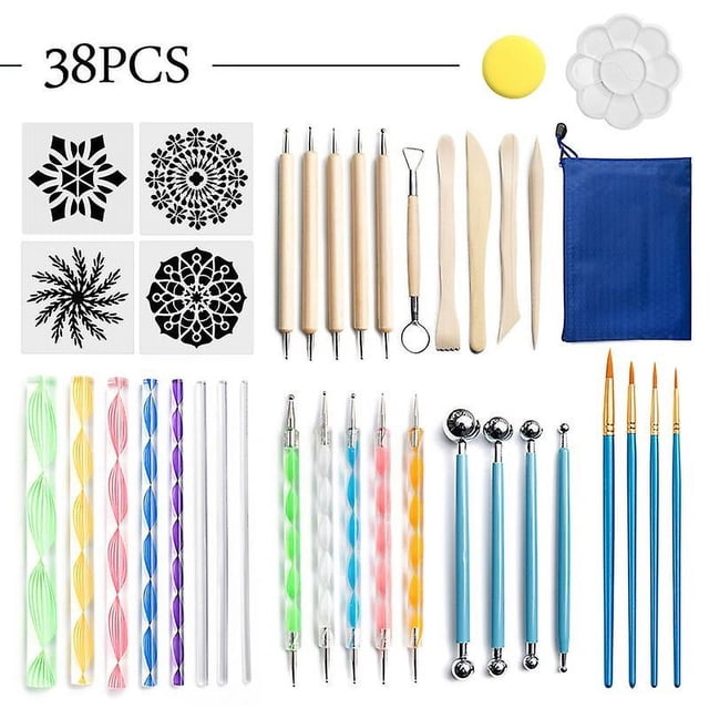 Juego de herramientas de punteado de Mandala, 38 Uds. Con bolsa de almacenamiento para pintura, juego de bandeja de pintura con lápiz capacitivo y bola de plantilla de Mandala