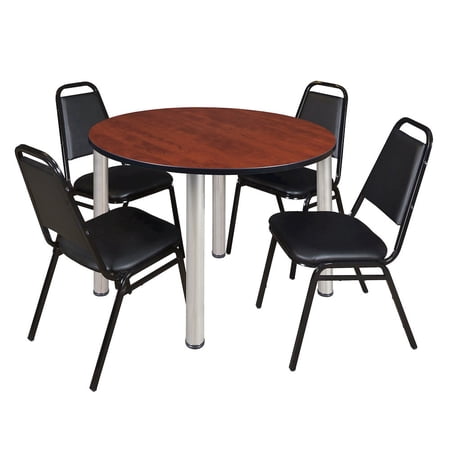 Regency 48 in Round Breakroom Table- Cherry Top Chrome Legs 4 Restaurant Stack Chairs