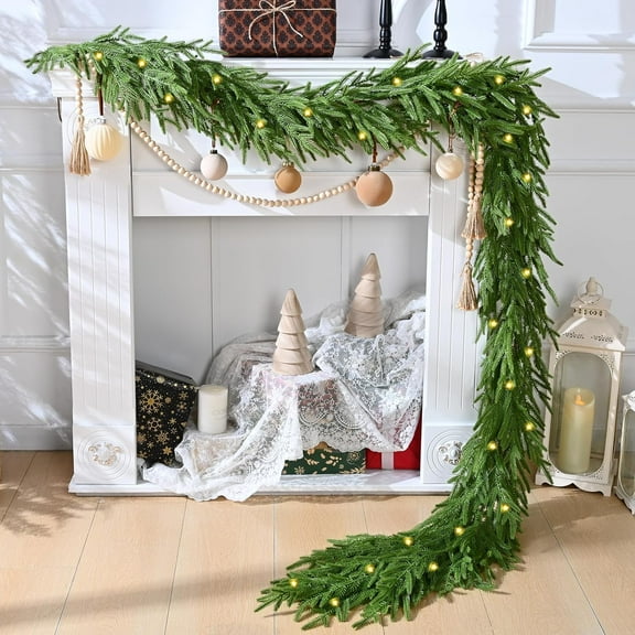 Grinzy 9ft Artificial Norfolk Pine Garland, Realistic Christmas Garland with Lights Faux Winter Pine Greenery for Mantle,Table, Wall,Indoor,Outdoor Winter Christmas Decorations