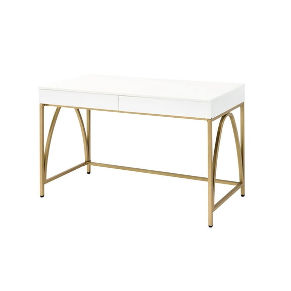Stylish White High Gloss Desk With Gold Legs And 2 Drawers For Storage 2 Office Elegant Metal Frame