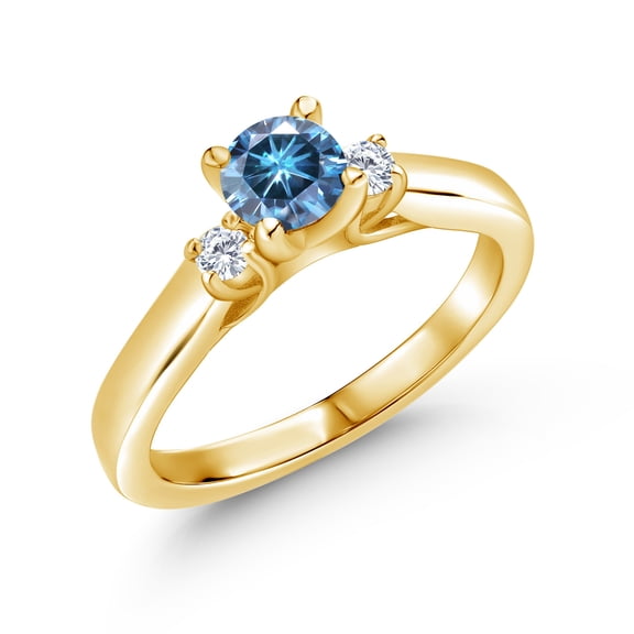 Gem Stone King 18K Yellow Gold Plated Silver Persian Blue Moissanite and White Lab Grown Diamond 3-Stone Engagement Ring for Women (0.63 Cttw, Gemstone Birthstone, Size 5)