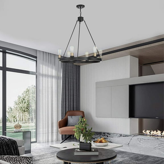 Vanity Art 6 Lights Wagon Wheel Chandelier Lighting Farmhouse Candle Brass Ceiling Light Fixture for Living Room 10556BK-BD