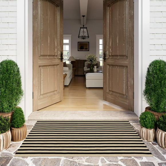 Alfombra de exterior LEEVAN a rayas blancas y negras, lavable, 120 x 180 cm