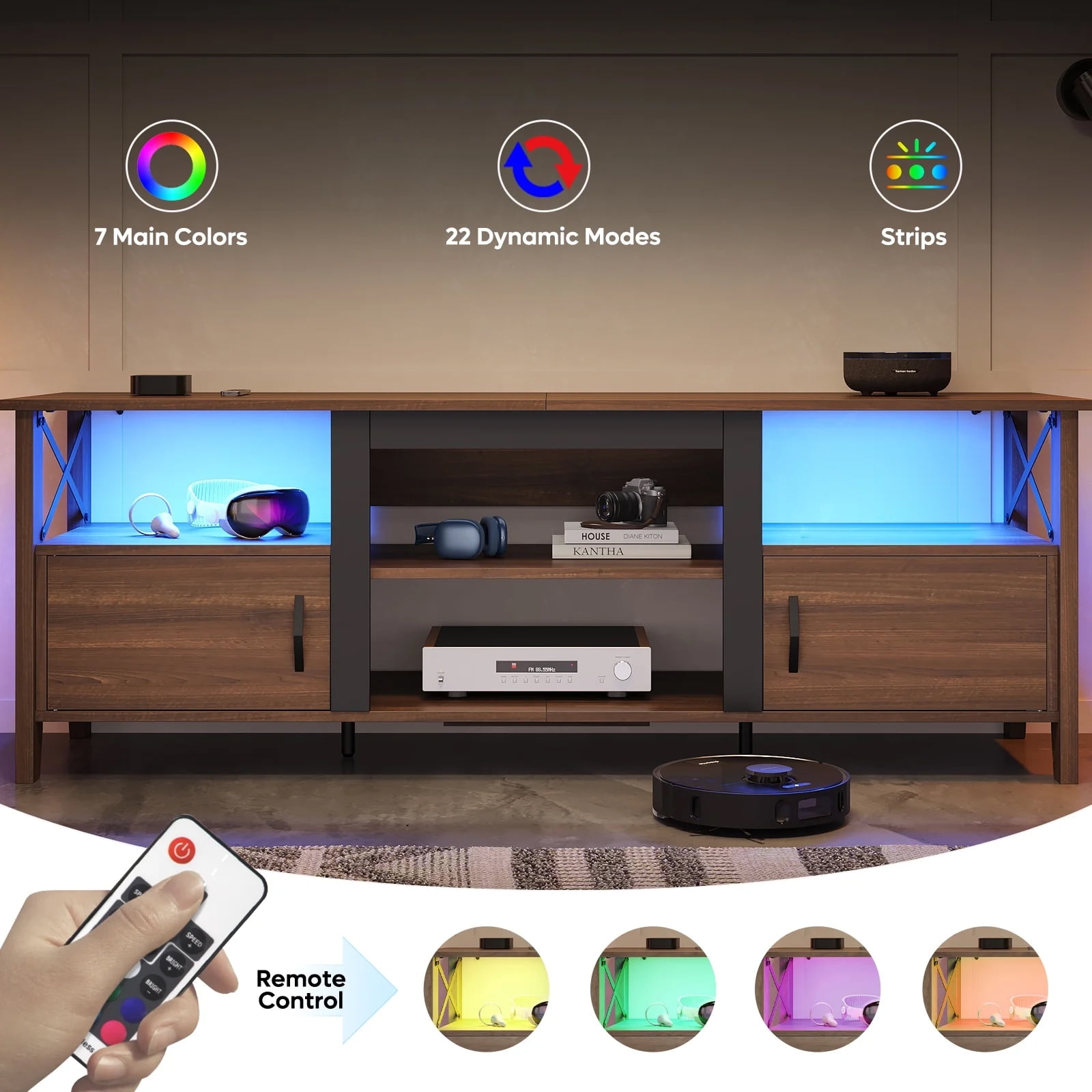 Bestier Farmhouse LED TV Stand for TVs up to 70" Entertainment Center with Cabinet in Ancona Walnut