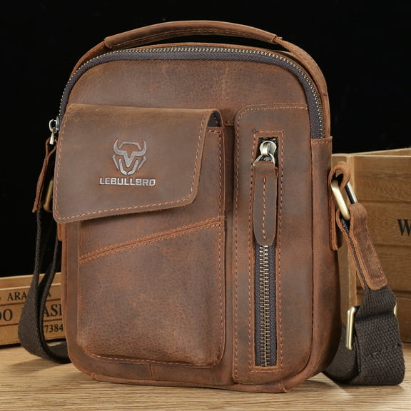 LEBULLBRO Retro Men's Sling Leather Shoulder Crossbody Bags Vintage Medium Handbag