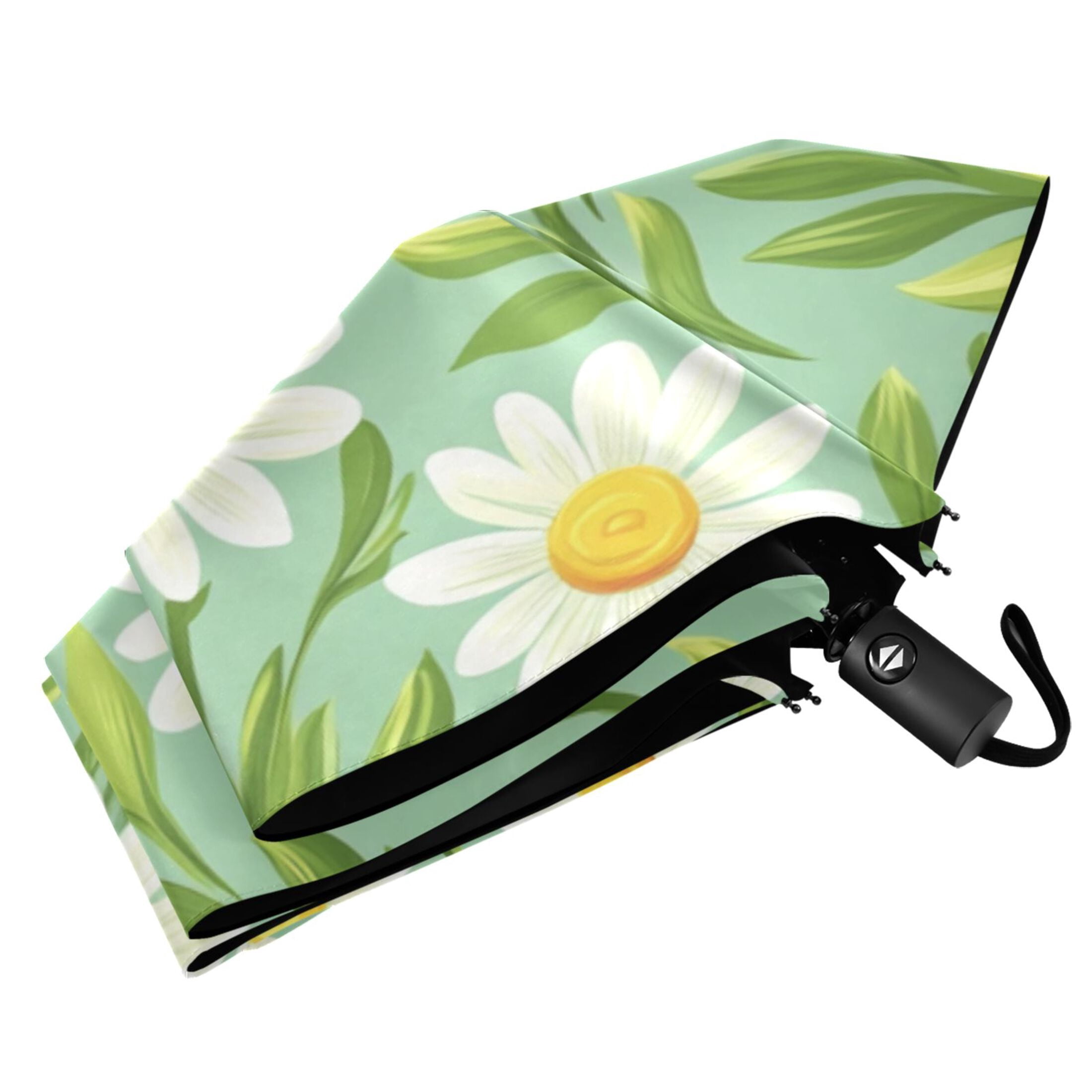 Daisy and Leaf Pattern Folding Umbrella UV50+ Waterproof Sun Protection Auto Open Close Compact Fiberglass Frame