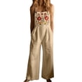 thumbnail image 6 of Women's Boho Jumpsuit Embroidered Floral Romper Square Neck Sleeveless Wide Leg Jumpsuit with Pockets Casual Linen Blend Outfit for Women, Beige, L, 6 of 8