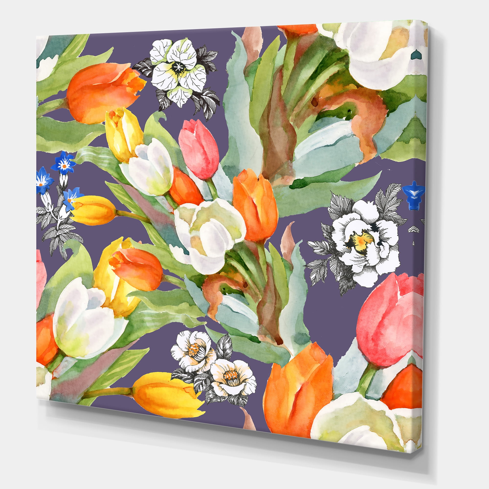 Designart ' Blooming Orange and White Tulips III ' Traditional Canvas Wall Art Print