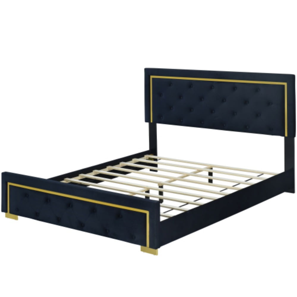 Queen Size Velvet Upholstered Platform Bed, Wood Bed Frame with Pull Point Headboard and Metal Wire Frame & Feet