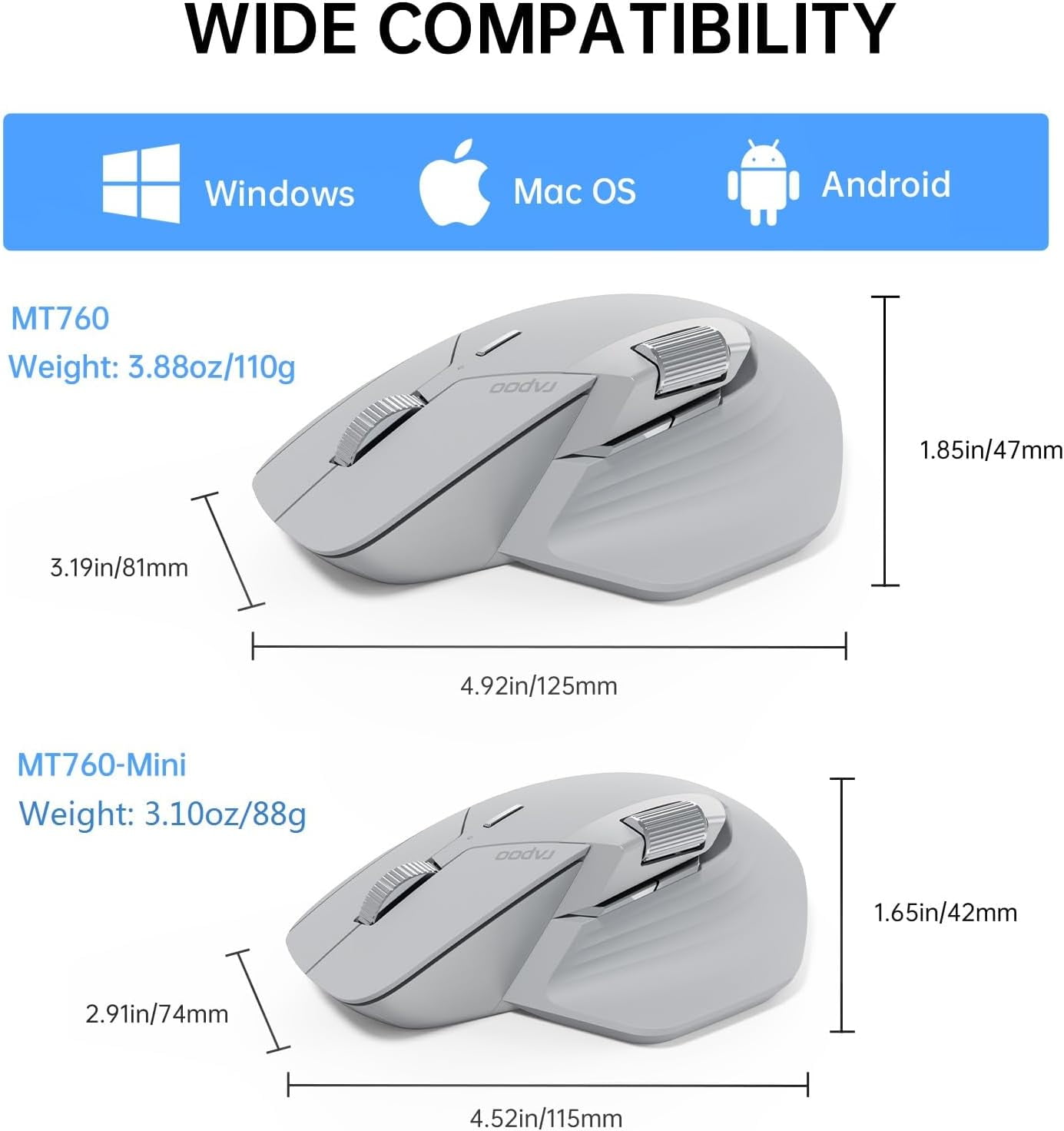 MT760 Multi-Device Wireless Mouse, Bluetooth 5.0 and 2.4G Multi-Mode Connection, Up to 4 Devices, 11 Programmable Buttons, 4K DPI, 90 Days Battery Life, PC, Matte Black