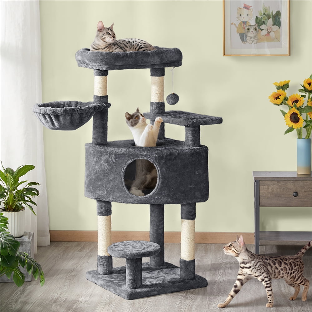 Alden Design 46" Multilevel Cat Tree with Basket Condo Scratching Posts, Dark Gray